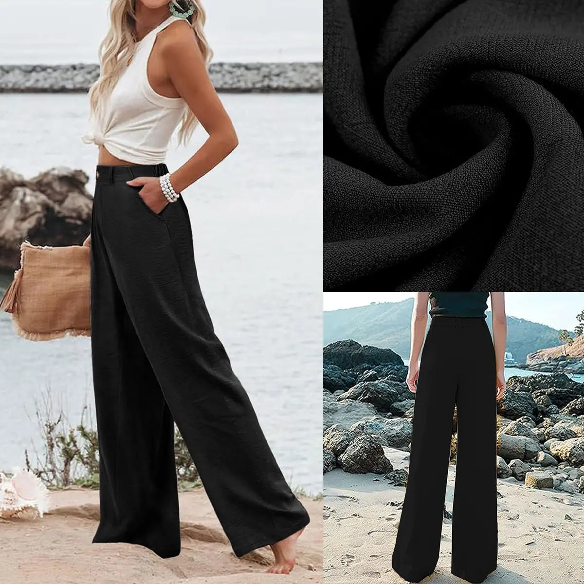 UANEO Women'S Cotton Linen Wide Leg Pants Casual Button up High Waisted Trousers Loose Comfy Spring Summer Womenswear Summervibes