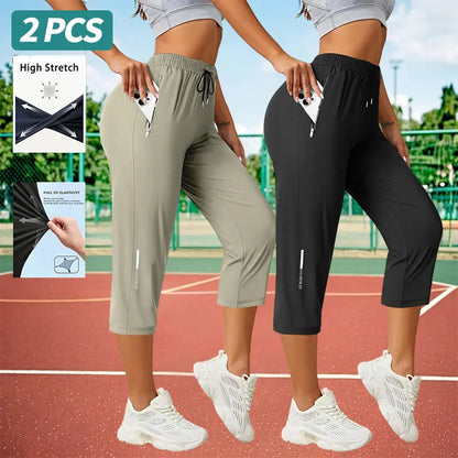 3-Pack Women’S Capri Pants – Loose Fit, Summer Drawstring Waist, Zipper Pockets, Breathable High-Stretch Fabric, Suitable for Everyday Wear