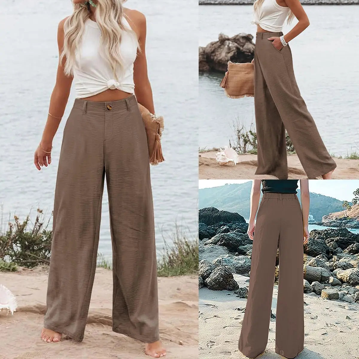UANEO Women'S Cotton Linen Wide Leg Pants Casual Button up High Waisted Trousers Loose Comfy Spring Summer Womenswear Summervibes