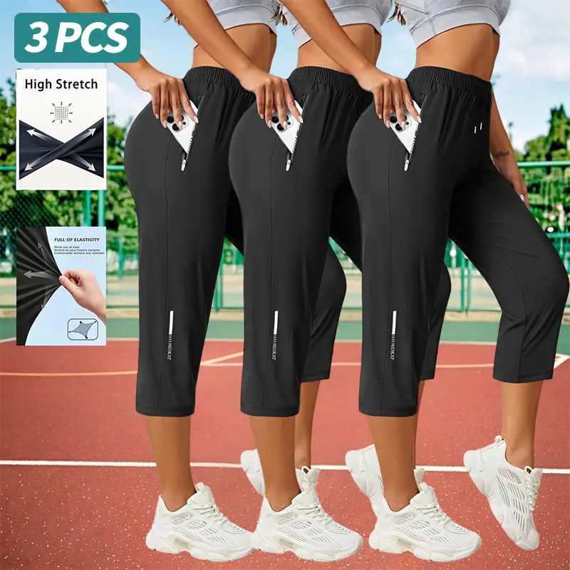 3-Pack Women’S Capri Pants – Loose Fit, Summer Drawstring Waist, Zipper Pockets, Breathable High-Stretch Fabric, Suitable for Everyday Wear