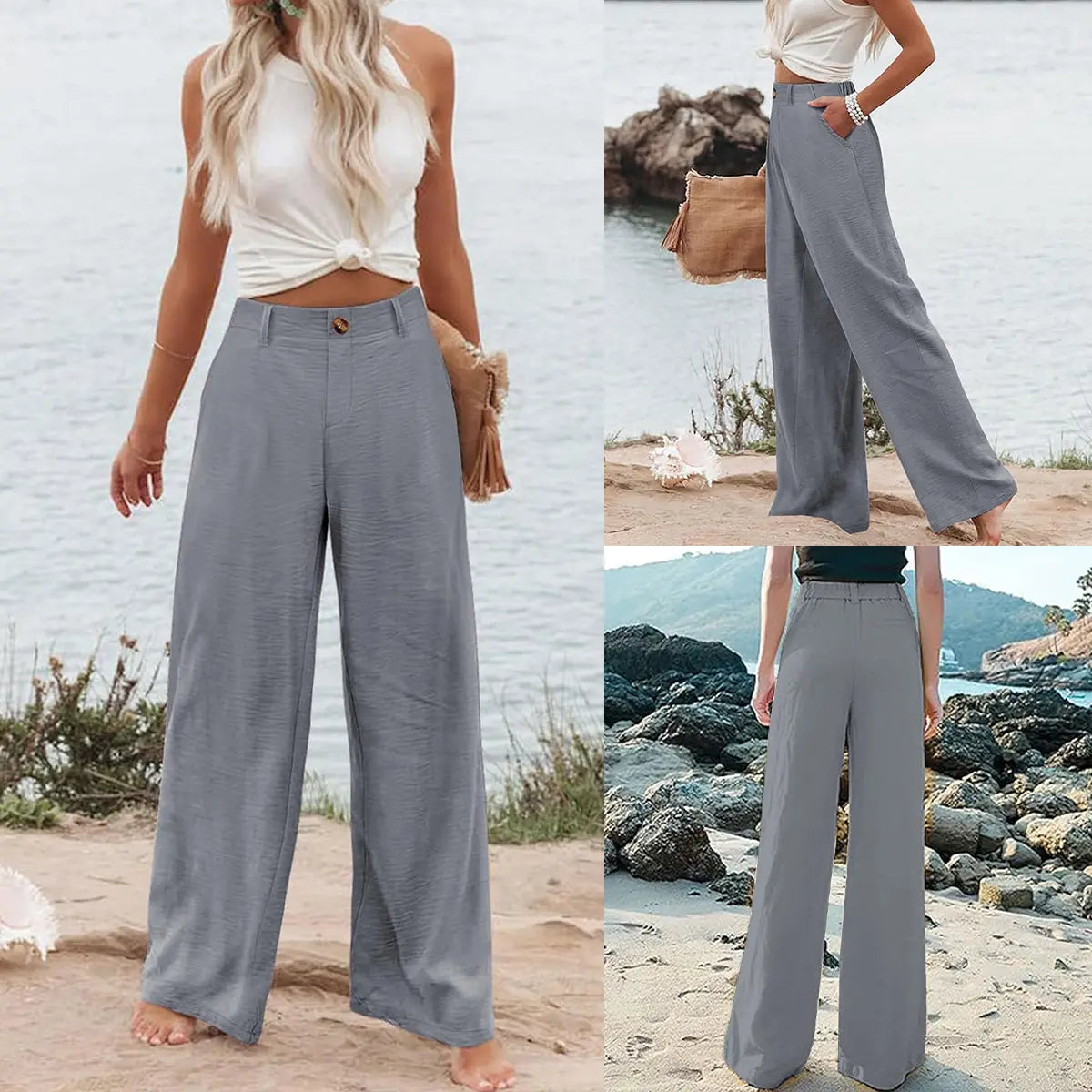 UANEO Women'S Cotton Linen Wide Leg Pants Casual Button up High Waisted Trousers Loose Comfy Spring Summer Womenswear Summervibes