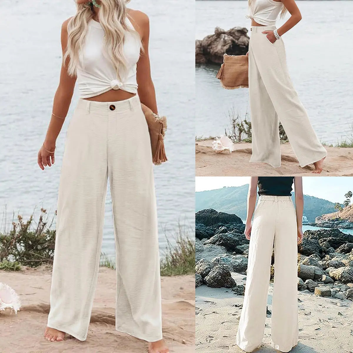 UANEO Women'S Cotton Linen Wide Leg Pants Casual Button up High Waisted Trousers Loose Comfy Spring Summer Womenswear Summervibes
