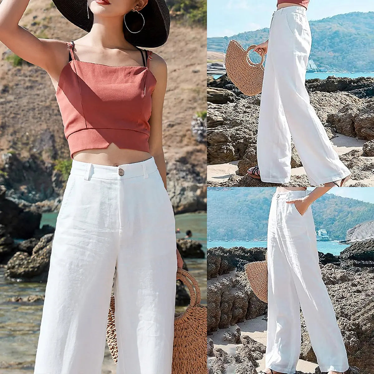 UANEO Women'S Cotton Linen Wide Leg Pants Casual Button up High Waisted Trousers Loose Comfy Spring Summer Womenswear Summervibes